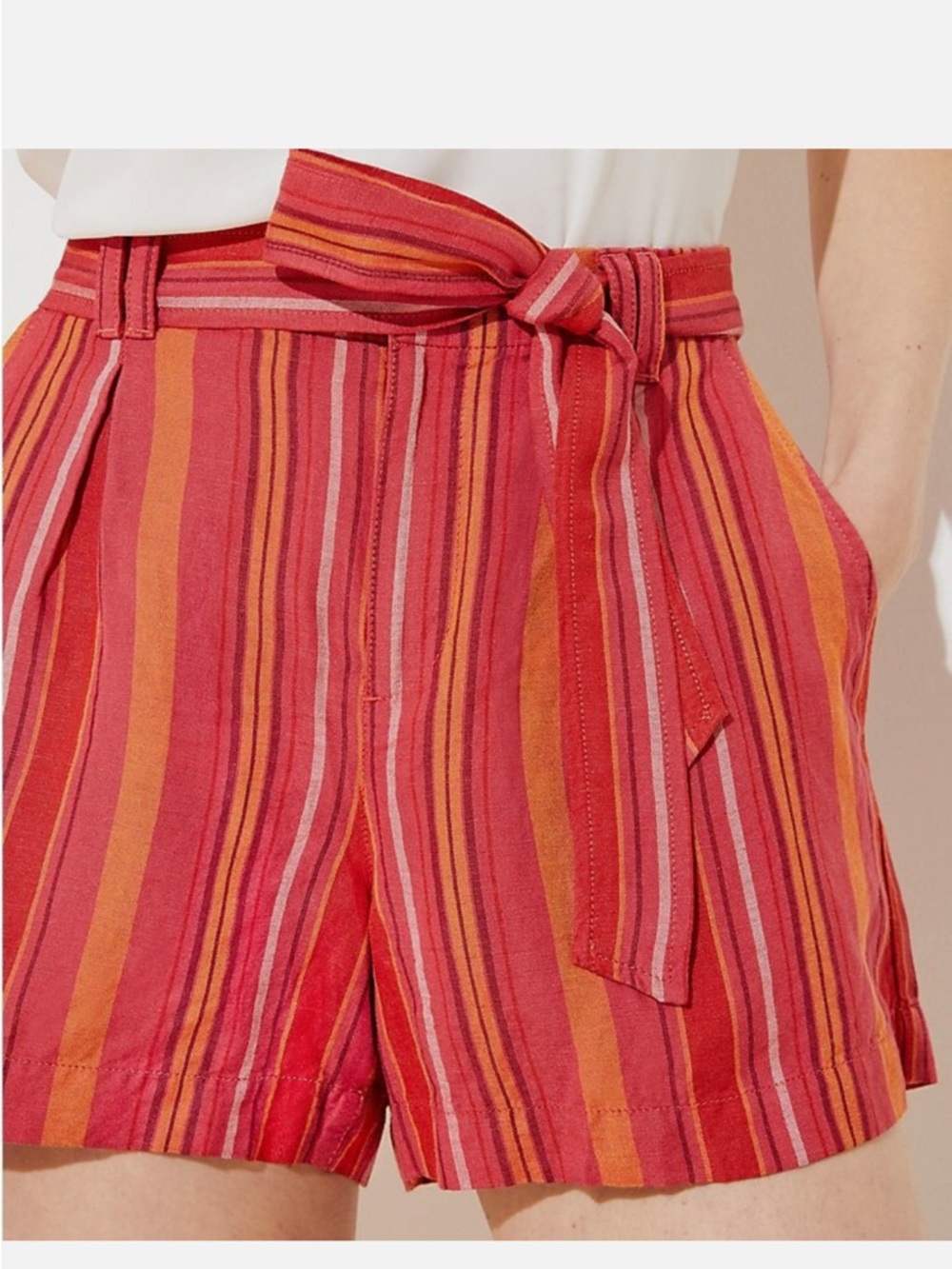 LOFT Linen Blend High Waist Vibrant Striped Paperbag Shorts with Tie Belt - Picture 12 of 14